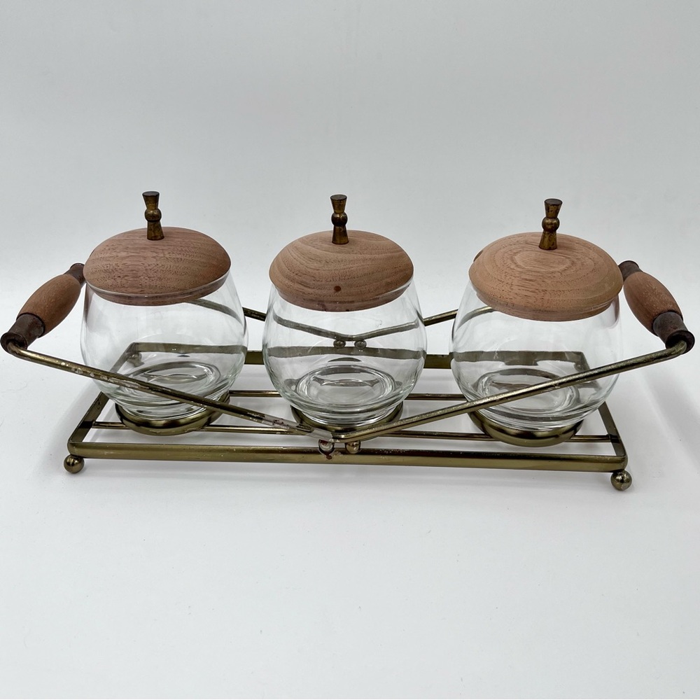 Vintage MCM Wood 3 section Condiment Server Rack Tray Gold
